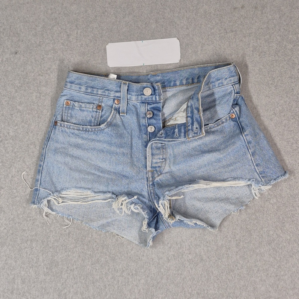 Levi's 501 Women Shorts W26 Light Blue Denim Shorts Cutoff Fringe Logo Pockets